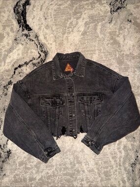 Cropped Distressed Black Denim Jacket - Women